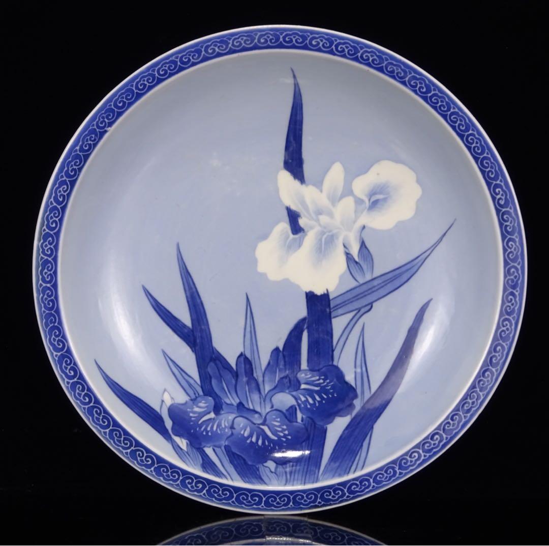 明治時代　平戸焼　染付　白抜き　菖蒲文　皿　飾皿　額皿　陶額　古伊万里　墨弾き