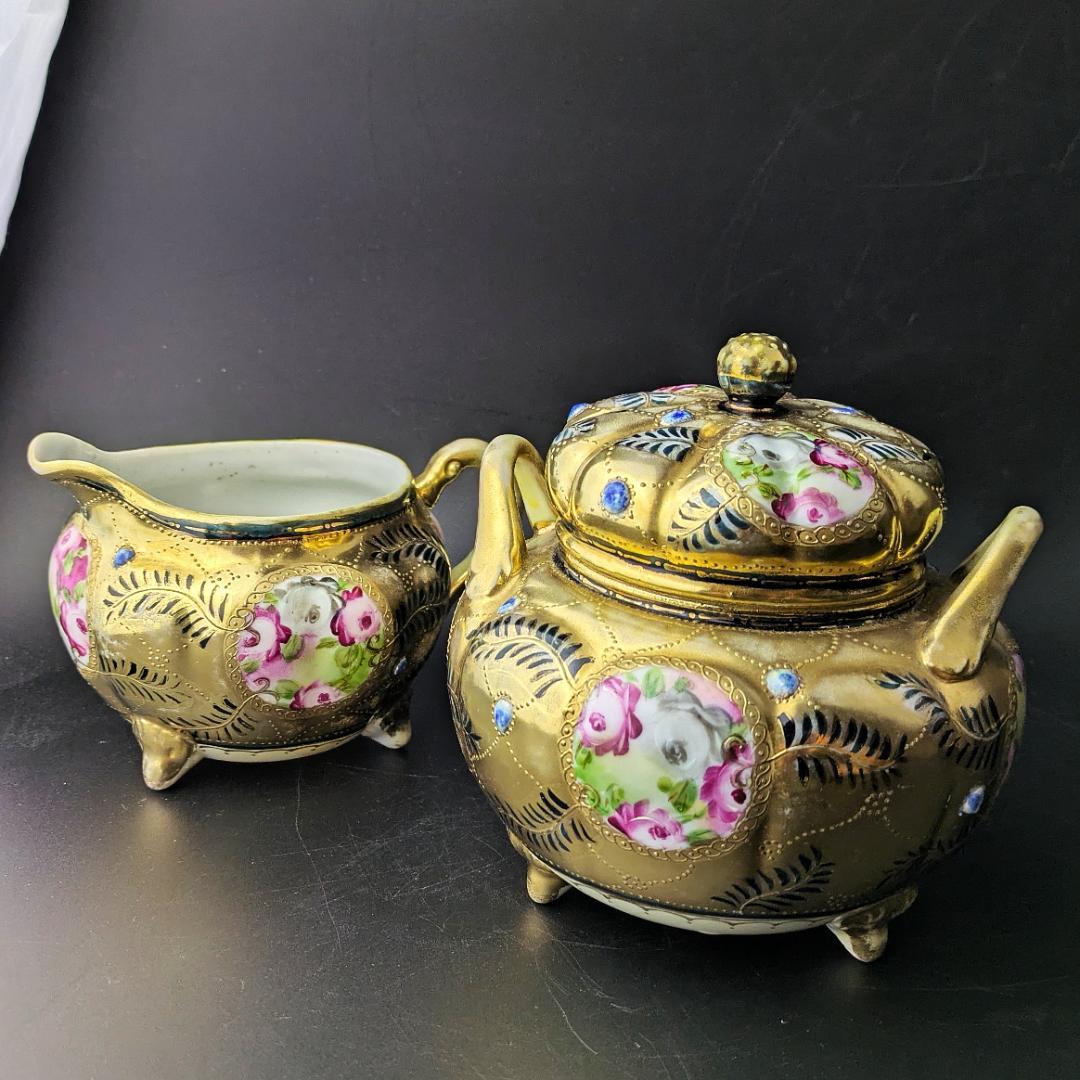豪華金彩アールヌーボー 薔薇唐草模様 茶壷＆糖器セット 手彩金盛上 ニッポン