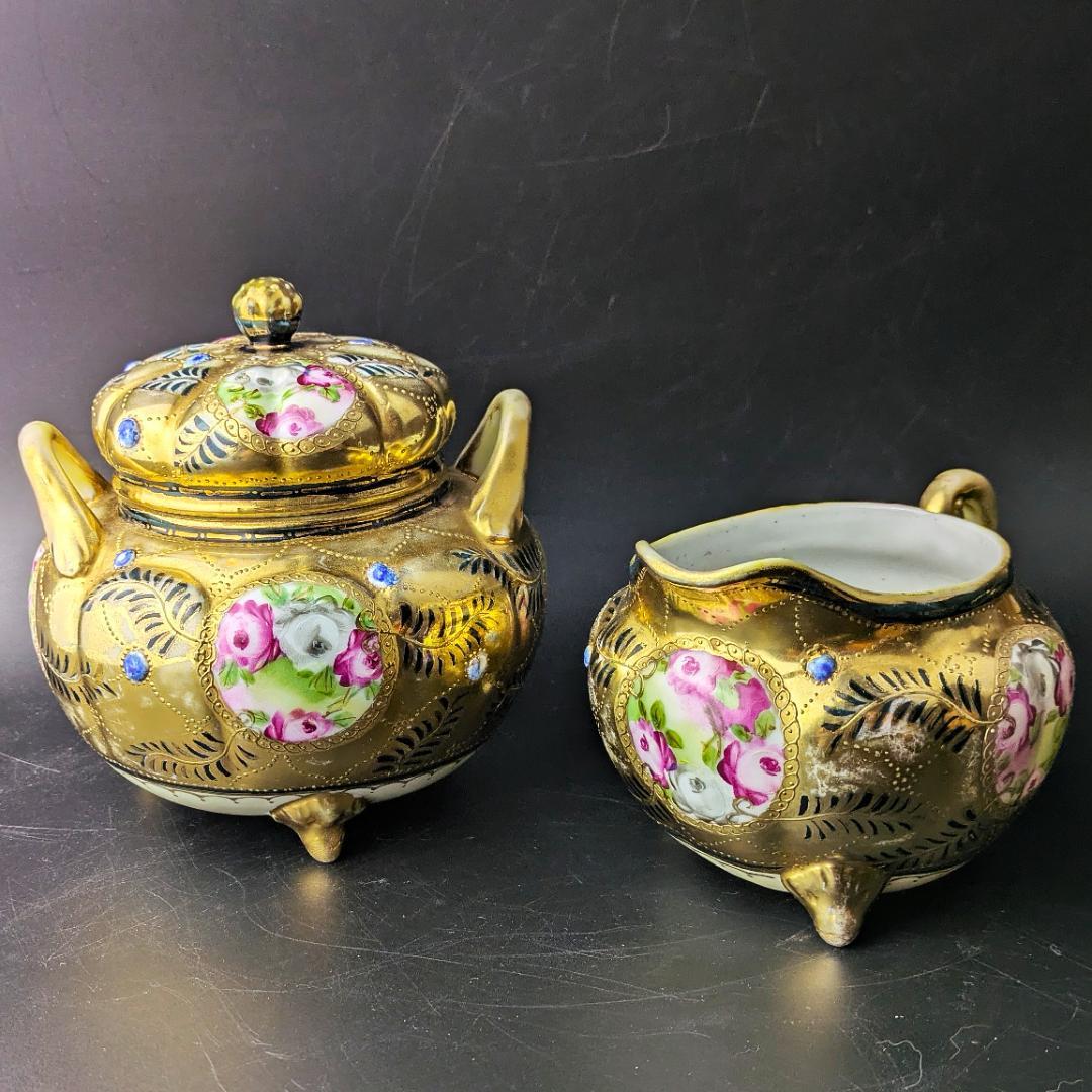 豪華金彩アールヌーボー 薔薇唐草模様 茶壷＆糖器セット 手彩金盛上 ニッポン
