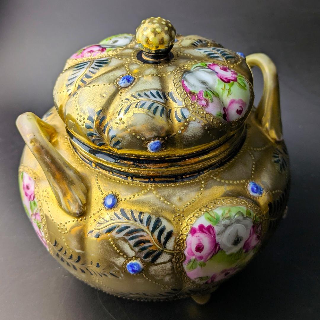 豪華金彩アールヌーボー 薔薇唐草模様 茶壷＆糖器セット 手彩金盛上 ニッポン