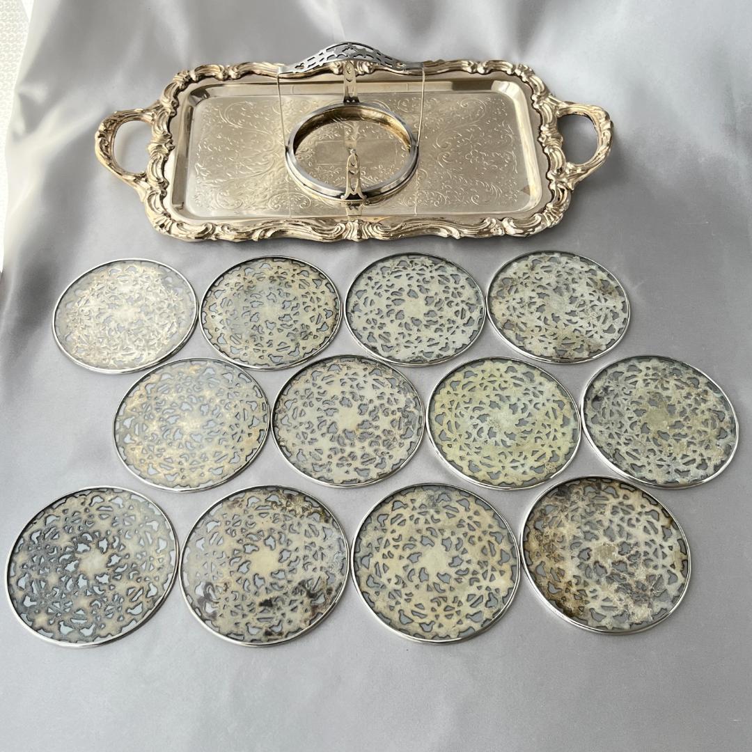 【WEBSTER】【純銀/ガラス】コースター 12枚 / ホルダー スターリング