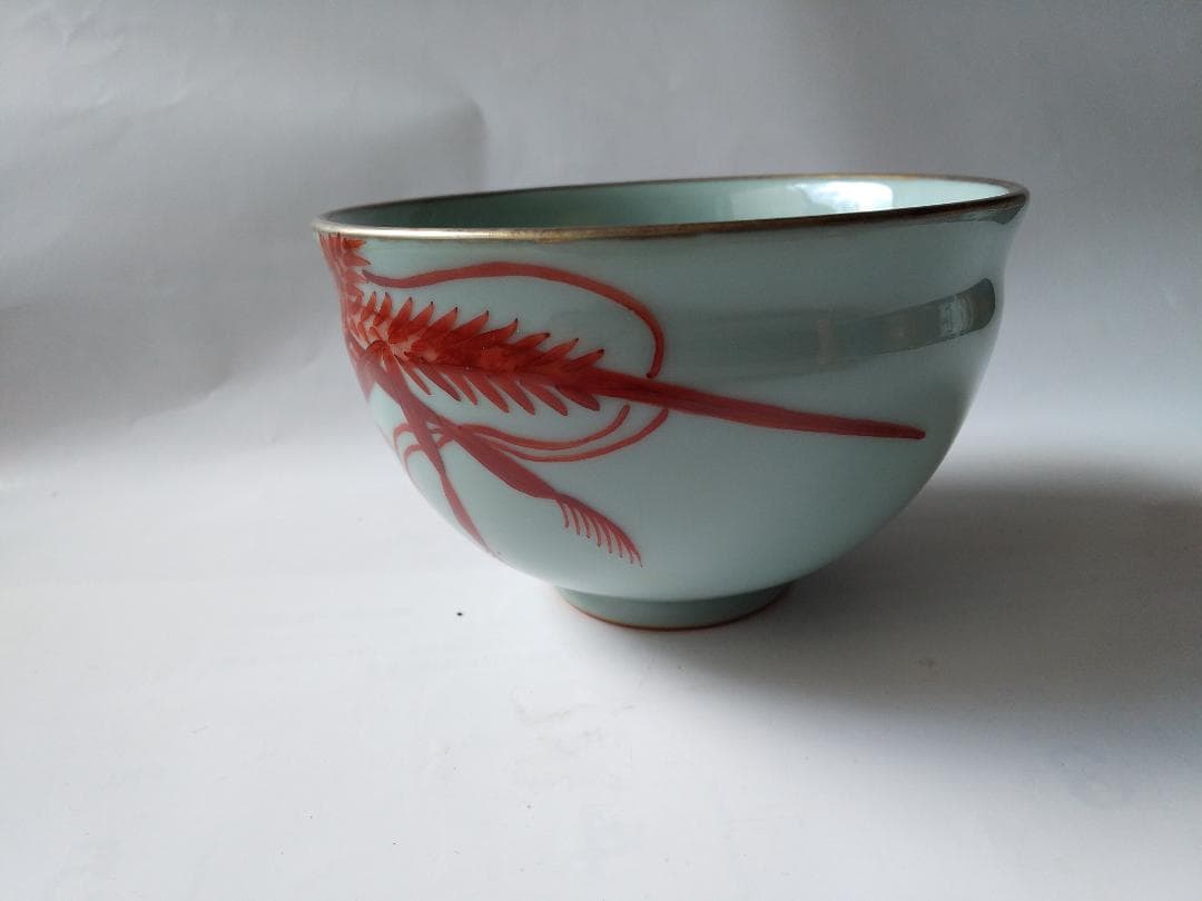 二代 手塚玉堂 青瓷 海老乃絵 茶碗 共箱 共布 栞 茶道具 抹茶碗 新品