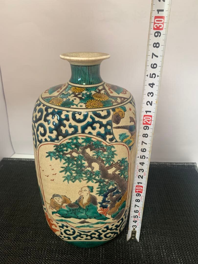 江戸　古九谷　人物花鳥　角福　花瓶　送料込み