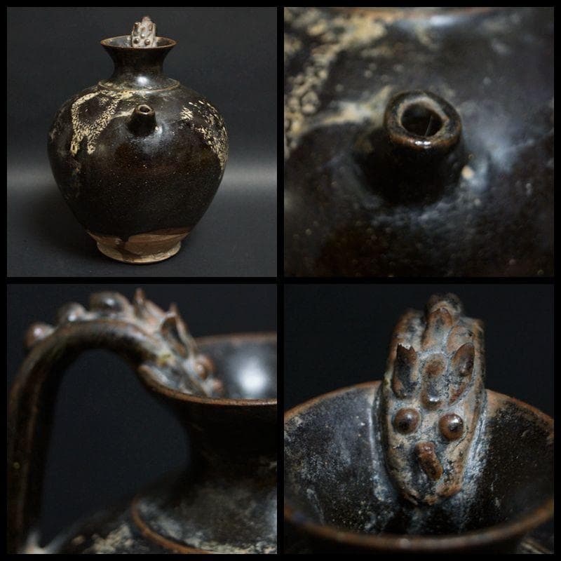 唐 黄道窯 黒釉白斑水注 湯瓶 土瓶 湯沸 唐物 木製箱付★時代物★希少品