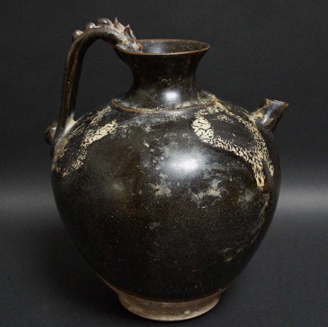 唐 黄道窯 黒釉白斑水注 湯瓶 土瓶 湯沸 唐物 木製箱付★時代物★希少品