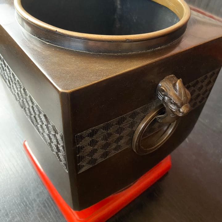 唐金四方火鉢　谷口造　火鉢　漆台　手あぶり火鉢