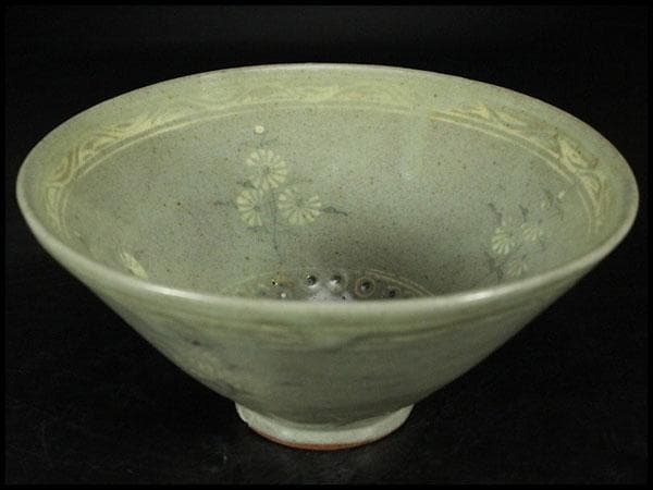 高麗 草花象嵌 青磁 茶碗 時代 茶道具(K-A990)