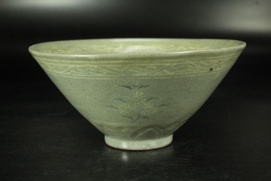 高麗 草花象嵌 青磁 茶碗 時代 茶道具(K-A990)