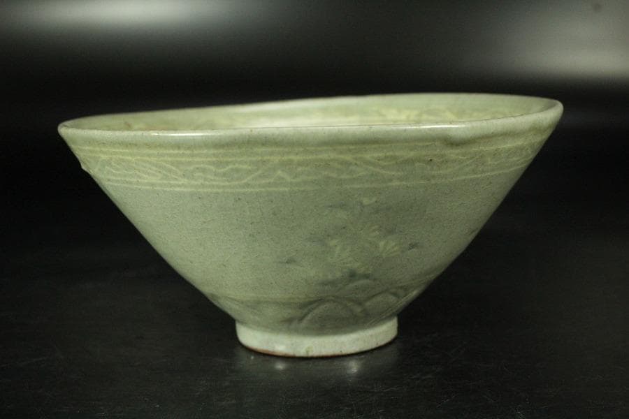 高麗 草花象嵌 青磁 茶碗 時代 茶道具(K-A990)