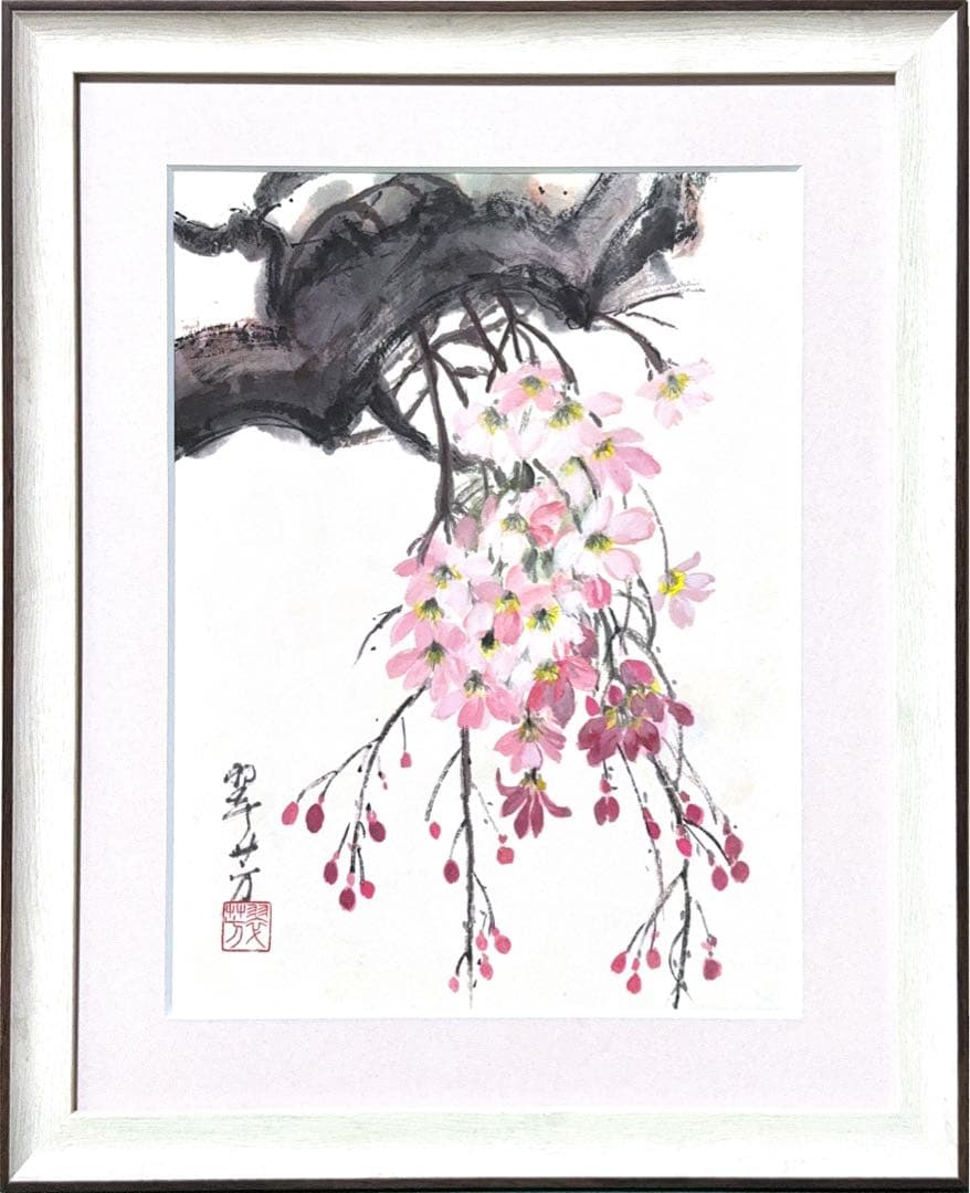 【古口翠芳/Suihou Koguchi】墨彩画　枝垂れ桜　木製額縁付き