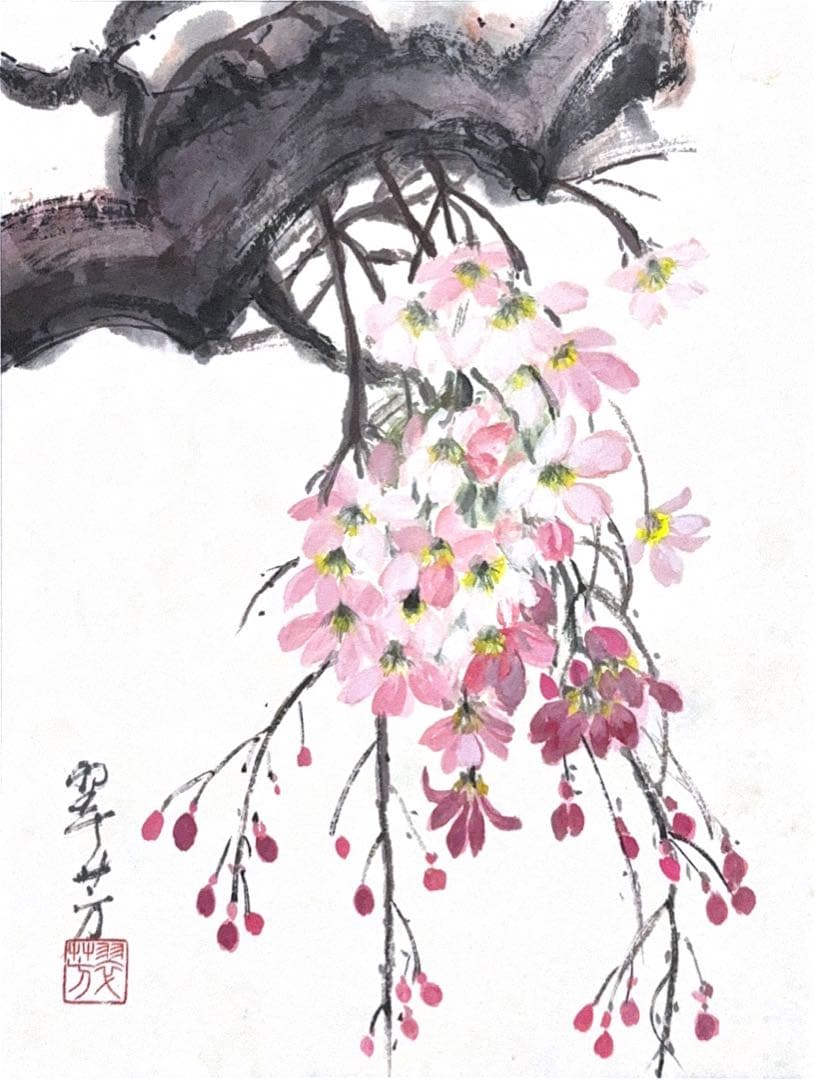 【古口翠芳/Suihou Koguchi】墨彩画　枝垂れ桜　木製額縁付き
