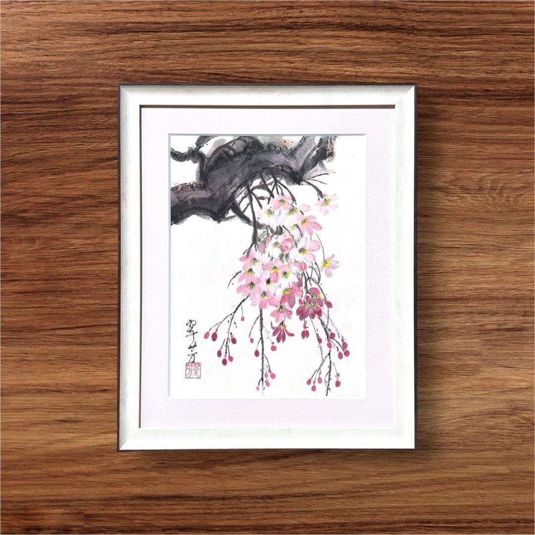 【古口翠芳/Suihou Koguchi】墨彩画　枝垂れ桜　木製額縁付き