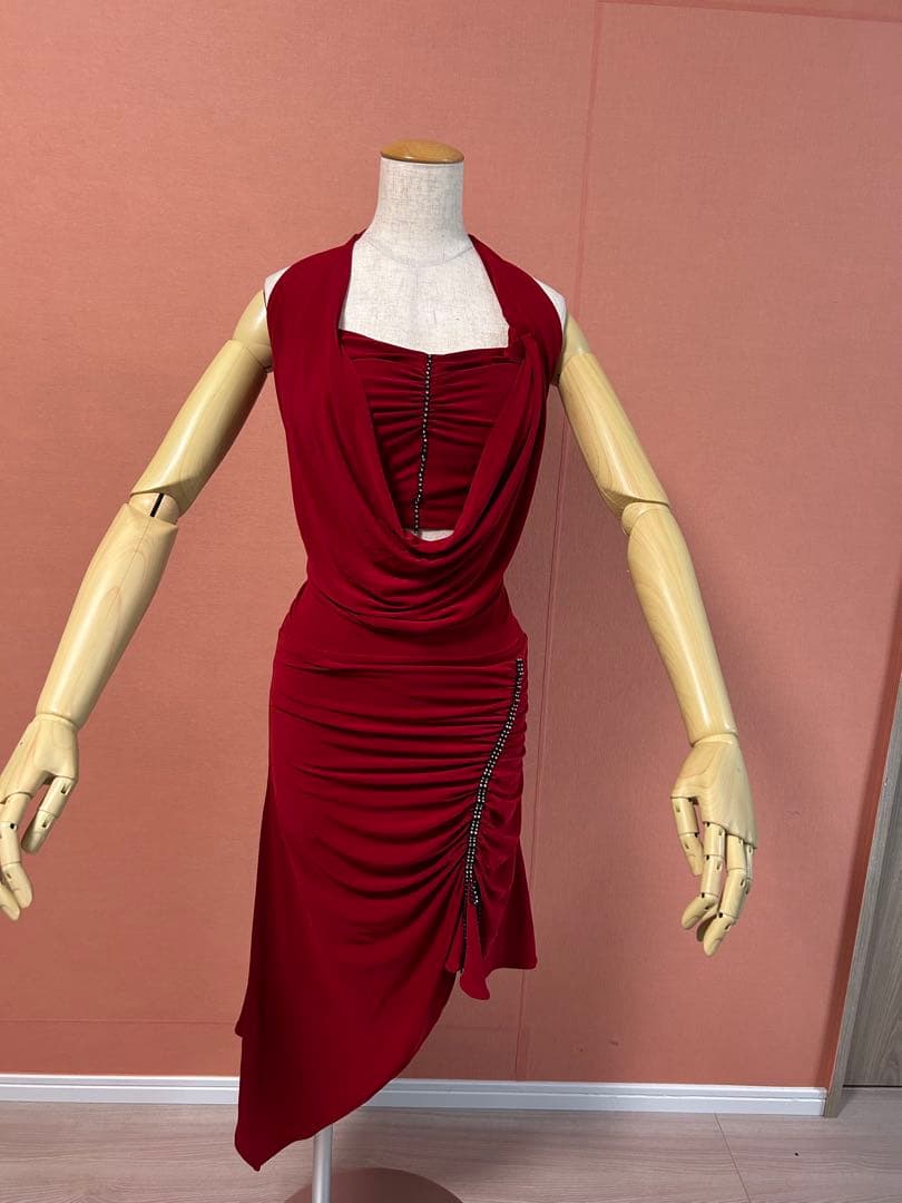 赤い社交ダンスドレス ドレープデザイン