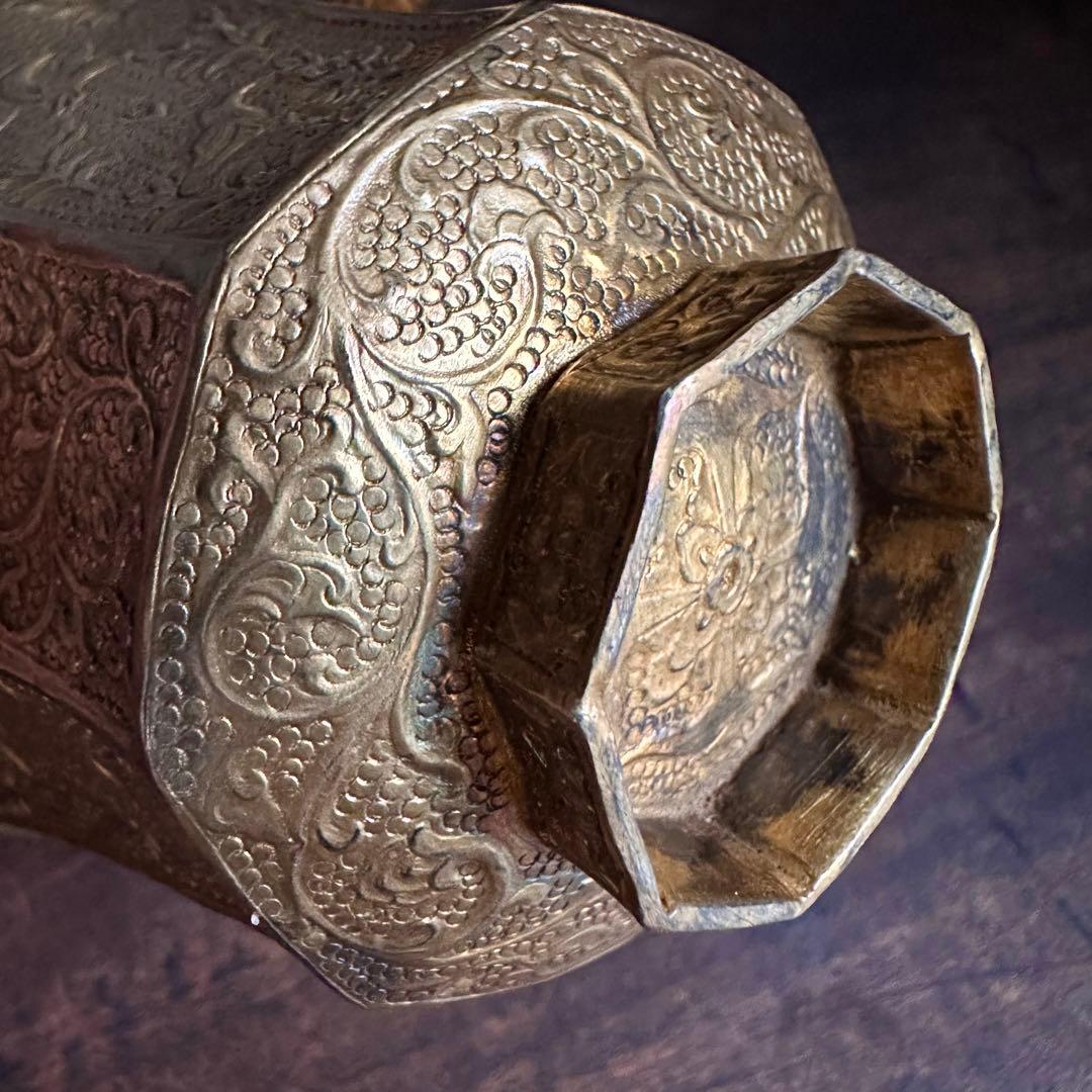 【希少】　唐時代　八角杯銅鍍金　鳥模様紋　取手付き杯　唐物　中国美術