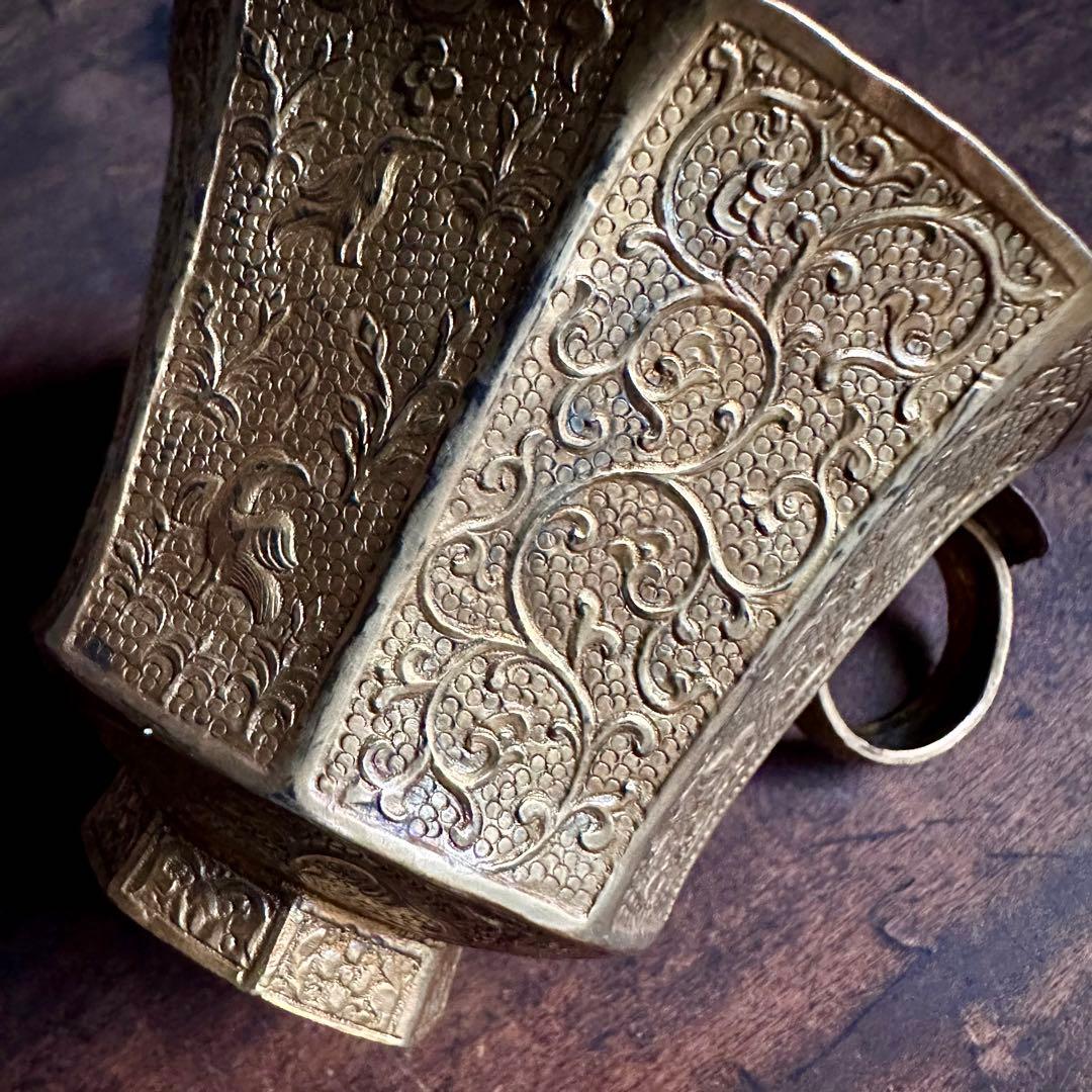 【希少】　唐時代　八角杯銅鍍金　鳥模様紋　取手付き杯　唐物　中国美術