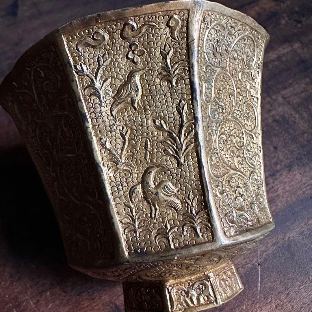 【希少】　唐時代　八角杯銅鍍金　鳥模様紋　取手付き杯　唐物　中国美術