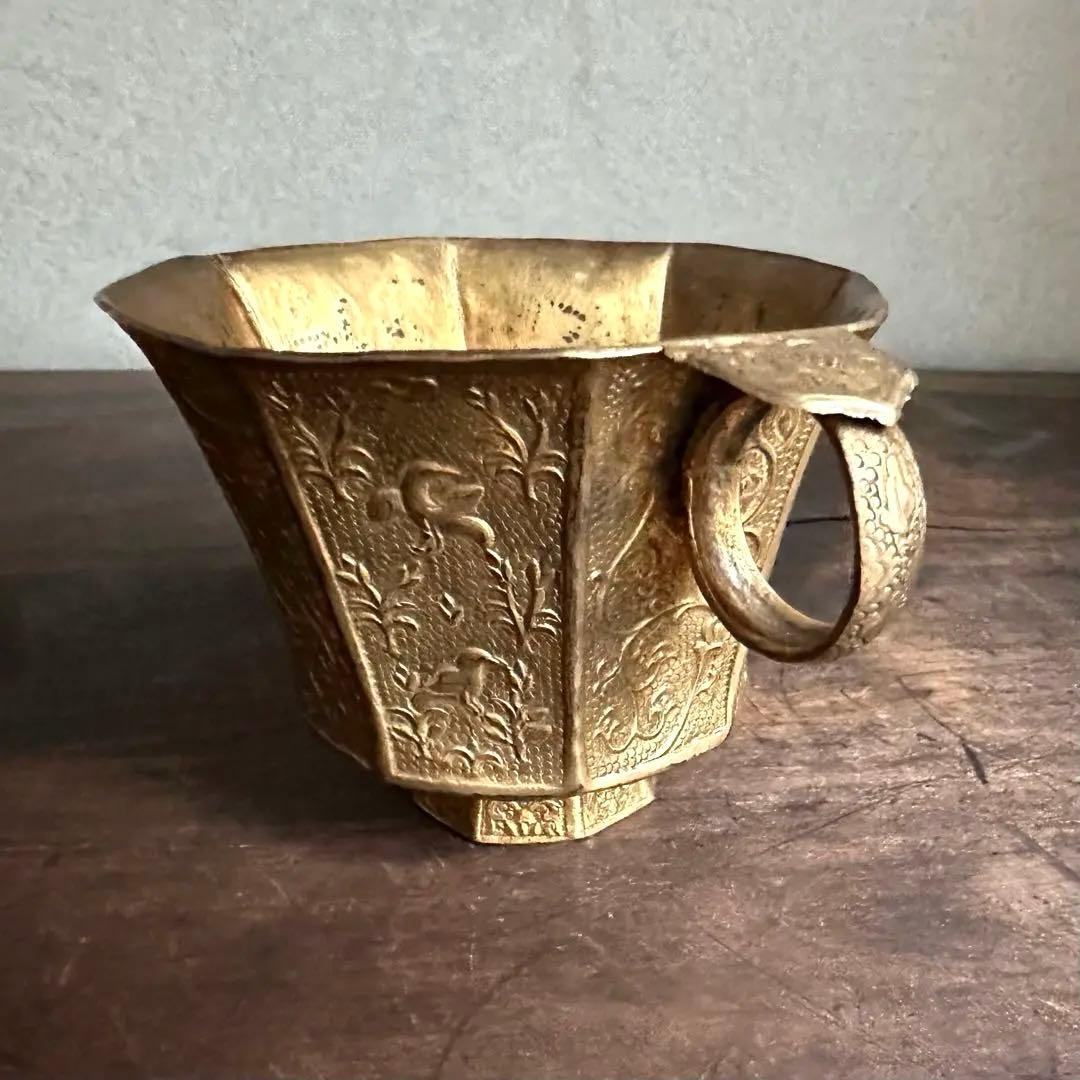 【希少】　唐時代　八角杯銅鍍金　鳥模様紋　取手付き杯　唐物　中国美術