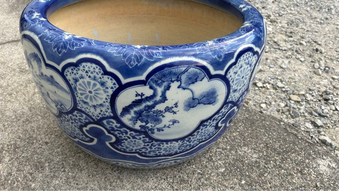 古伊万里　花唐草　染付　山水　花　松　大　火鉢　メダカ鉢　時代