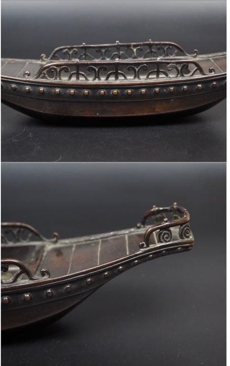 送料無料　大珍品　古銅造舟形筆洗/水盤『和寧堂製』款　長さ約29ｃｍ