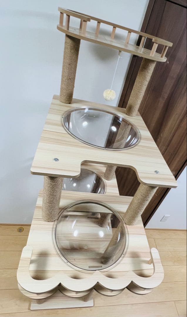 木製多層キャットタワー 透明ボウル付き　据え置き