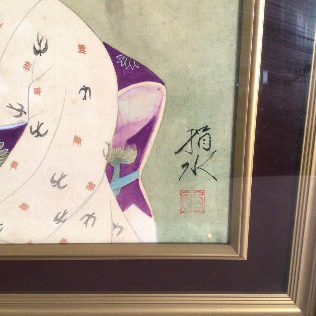 No3885額装　在銘　指水　美人画　燕柄着物　肉筆絹本　日本画　絵画 送料無料