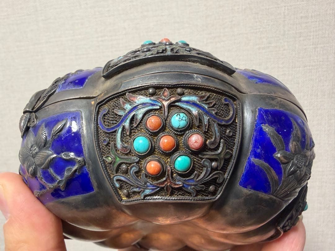 七宝焼 Sliver 銀製 珊瑚 茶道具 置物 中国美術 465.5g 在铭