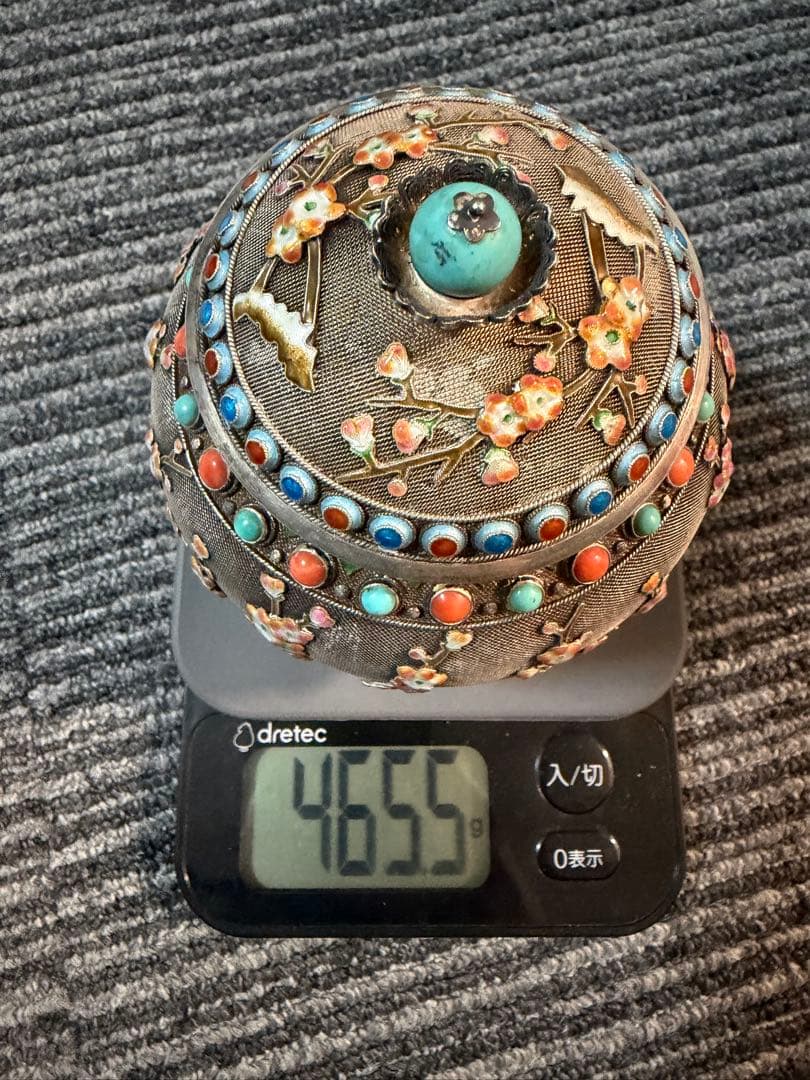 七宝焼 Sliver 銀製 珊瑚 茶道具 置物 中国美術 465.5g 在铭