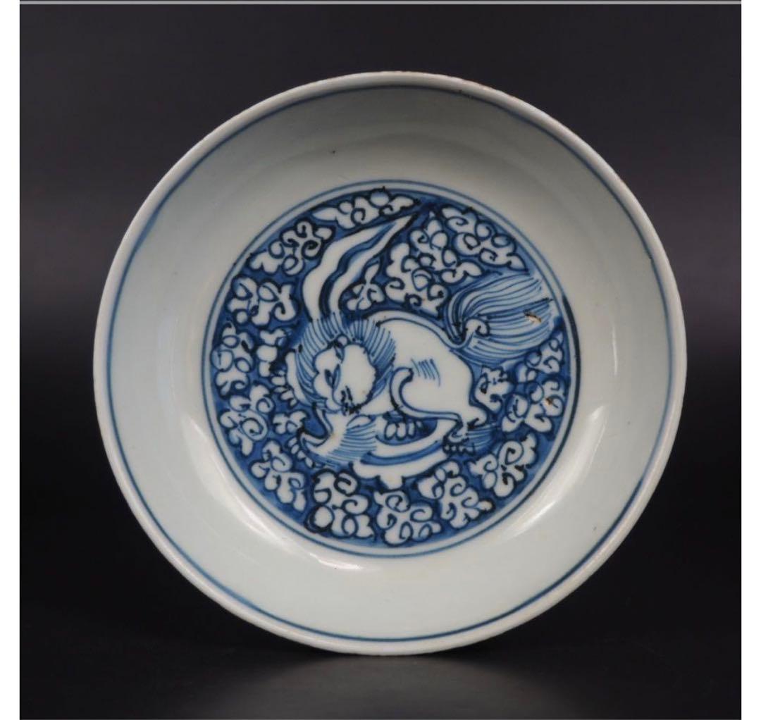 送料無料　明初期　永楽～宣徳年（1403～1435年）青華獅子文中皿５枚