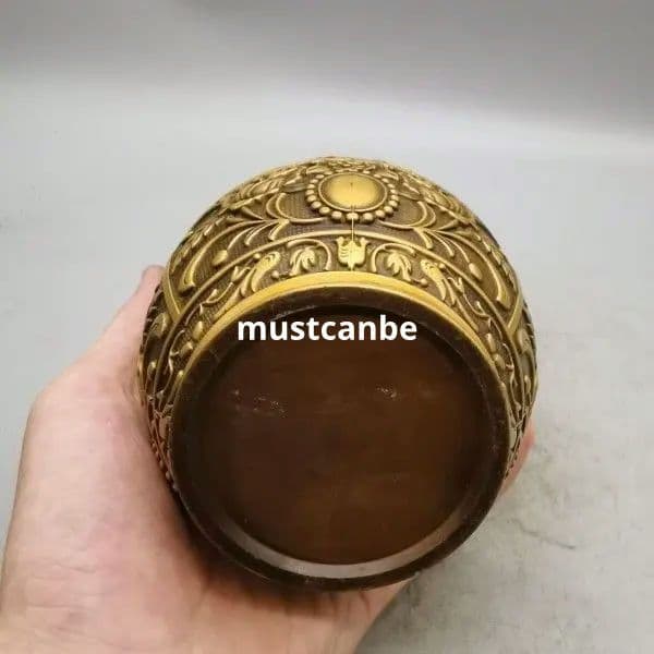 銅 細工 茶道具 浮彫り花開富貴銅缶 円形茶筒 客間 装飾品 工芸品 置物