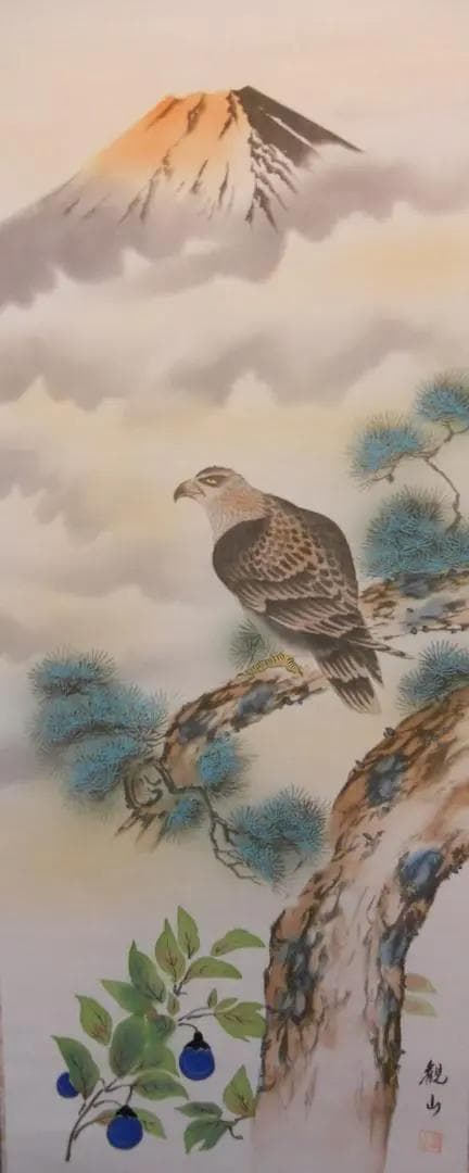 掛け軸 観山 一富士二鷹三茄子 絹本 希少 軸装 茶道具 掛軸 美品 です。