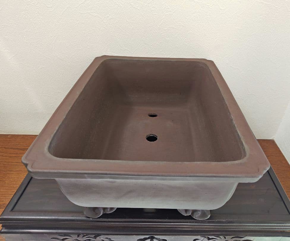陶器製長方形盆栽鉢 ブラウン 約47cm×36cm×19.5cm　落款　太山