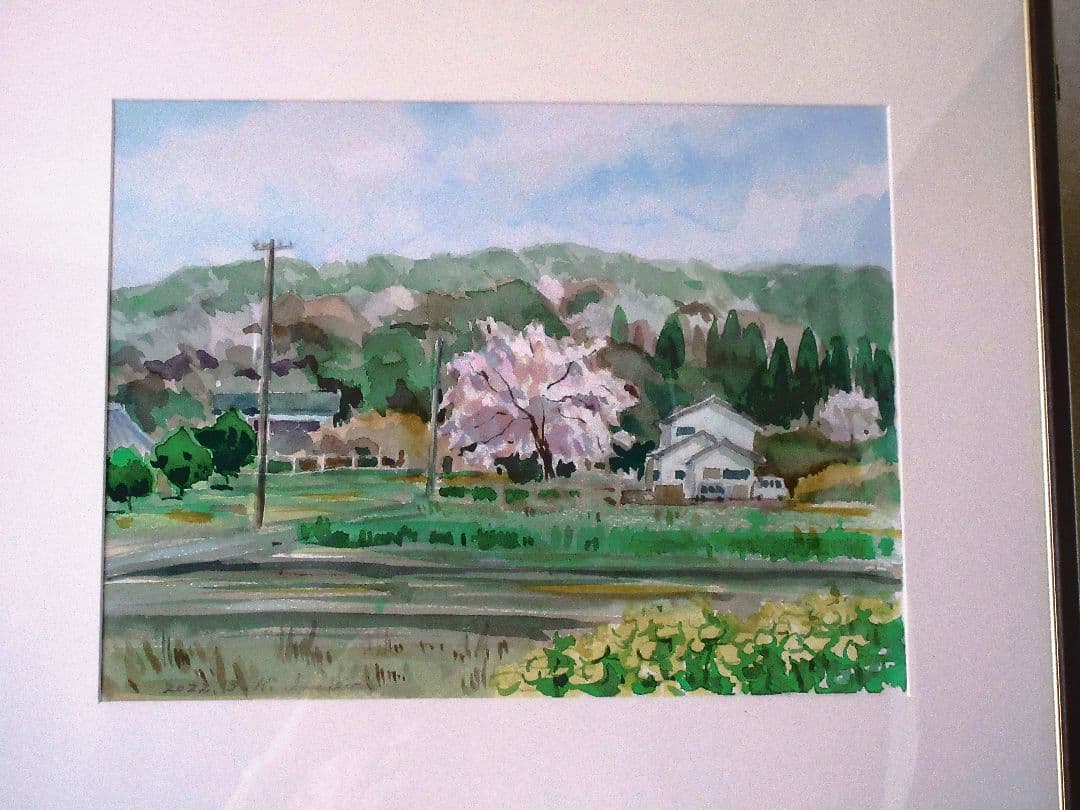 桜の風景 水彩画 額装付き 原画