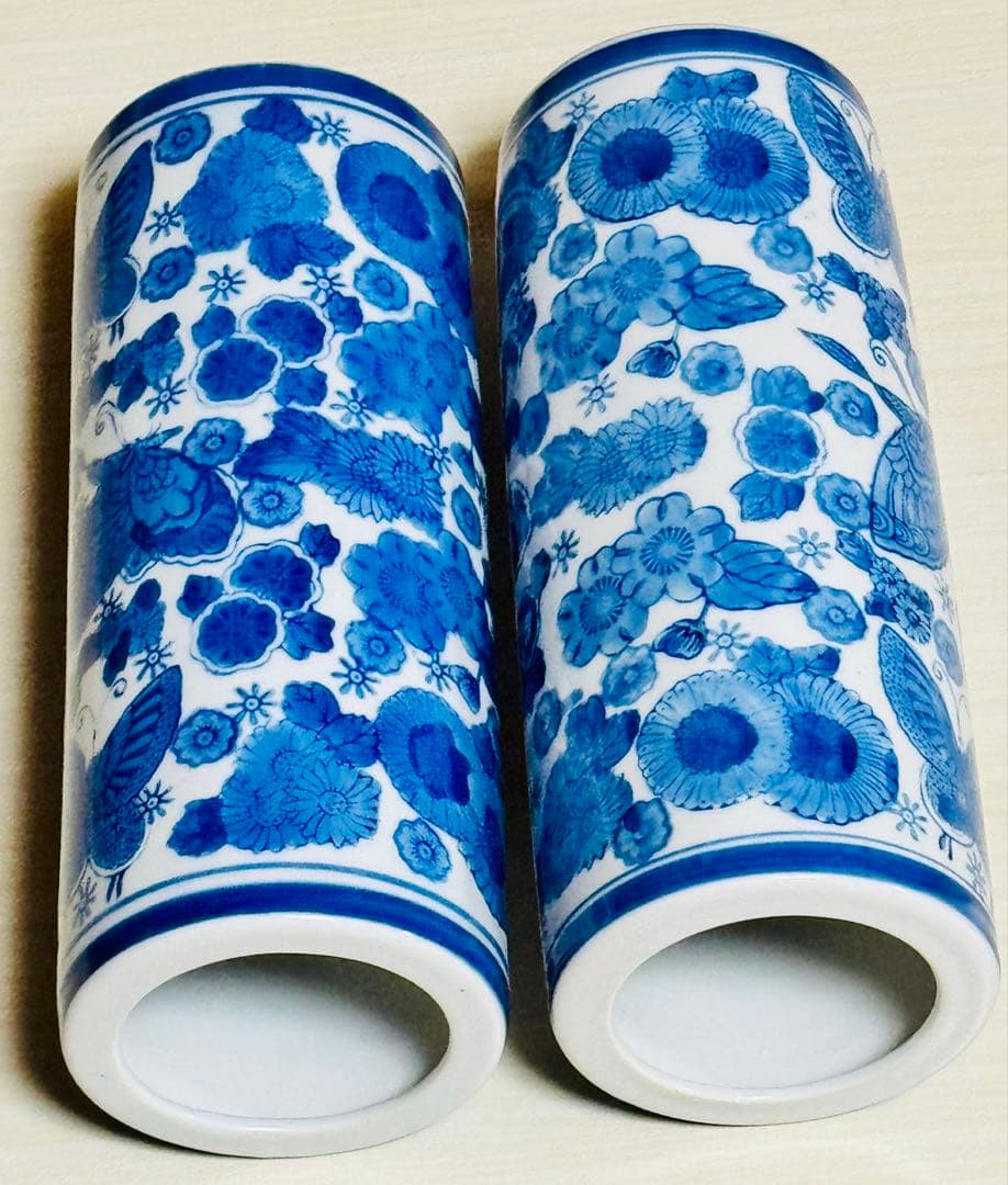 昭和レトロ 有田焼 染付け 花柄 フラワー 花瓶 花器 華道 フラワーベース2点