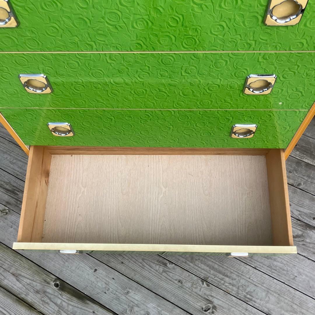 昭和レトロ 薔薇柄 花柄 木製チェスト 6段7杯 タンス 古家具 ビンテージ 緑