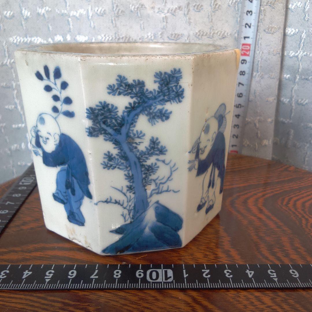 骨董５青い絵柄の八角形陶器鉢