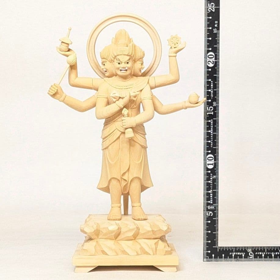 【セール・新品】三宝荒神　柘植　総高さ約24.5㎝　竈　三面六臂　台所の神