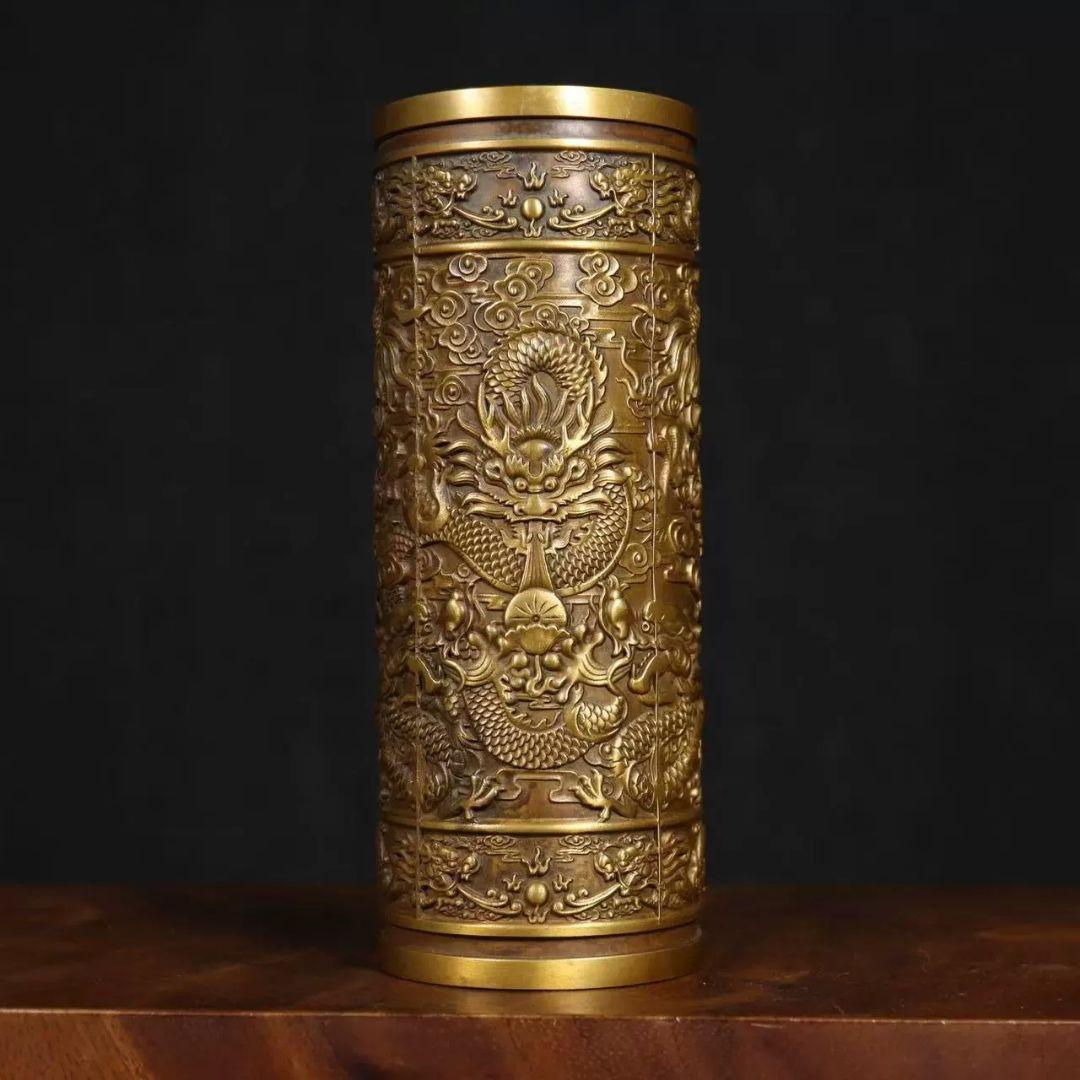 銅 細工 レリーフ九龍香筒 客間 室内 仏堂 香道具 装飾品 工芸品 置物