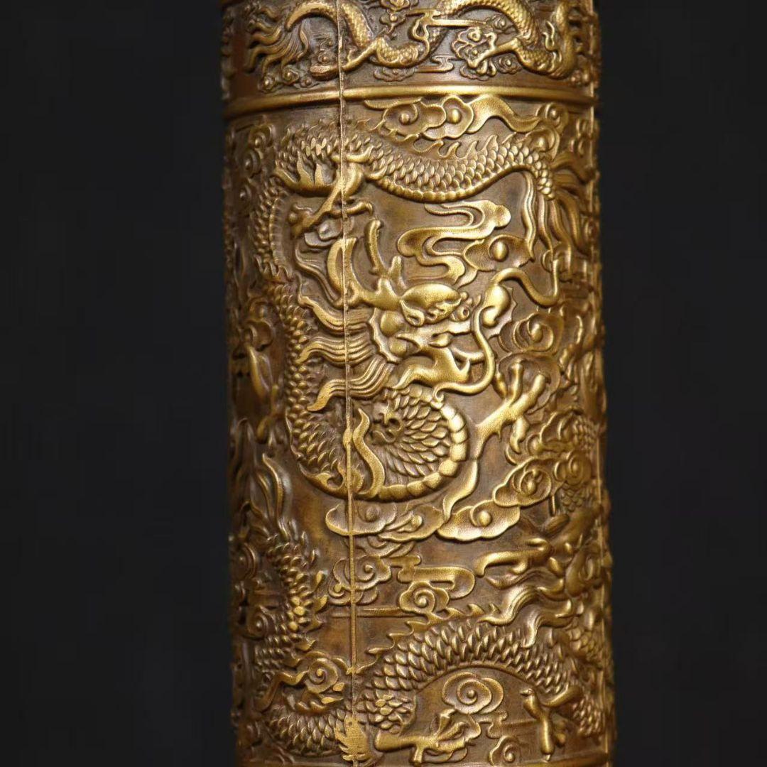 銅 細工 レリーフ九龍香筒 客間 室内 仏堂 香道具 装飾品 工芸品 置物