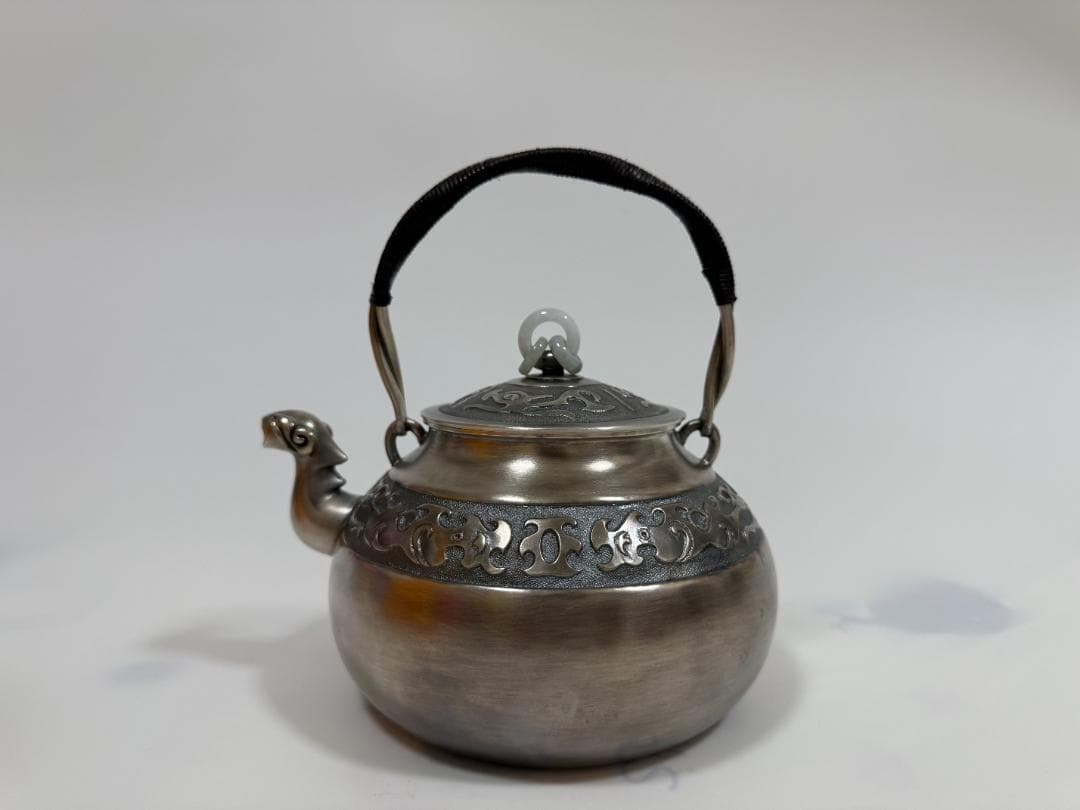純銀製 饕餮文 獣口 三連環玉摘 湯沸 銀瓶 煎茶道具
