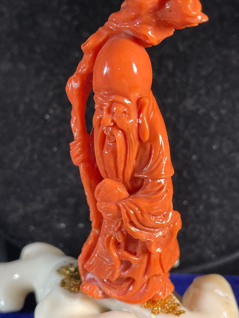 天然桃珊瑚の寿老人の彫刻置物「長寿の縁起仏像」 ＷＺー10