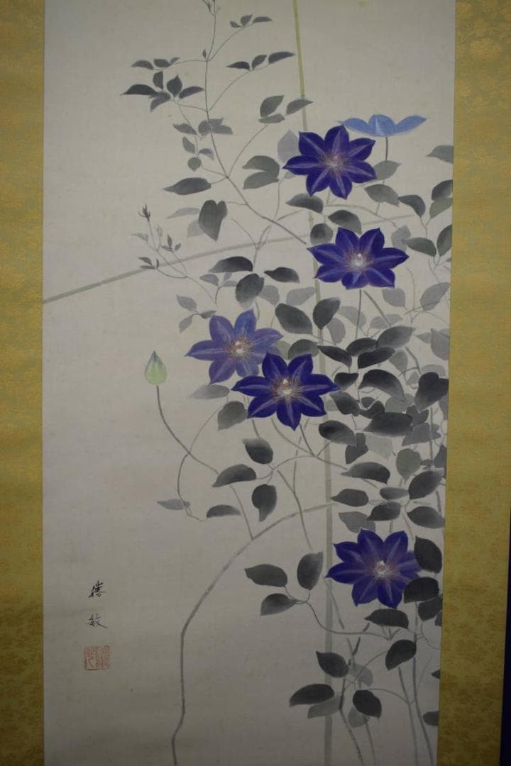 真作/白石勝敏/鉄仙花/桐共箱二重箱付/布袋屋掛軸HH-682