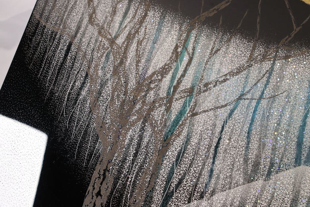 【真作】漆芸画 新木光「月夜の詩」輪島市美術展出品 額装 12号 沈金銀M865