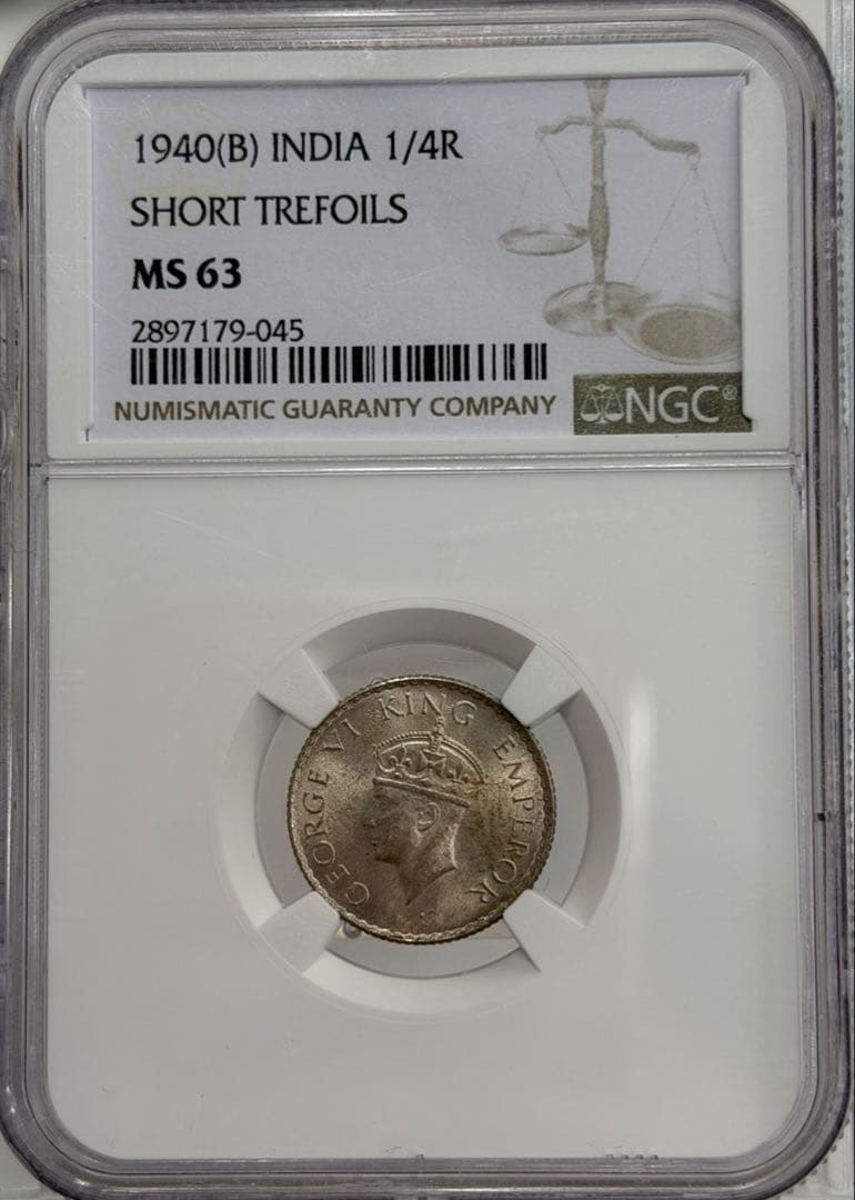 1940年インド ジョージ6世 1/4ルピー NGC高鑑定