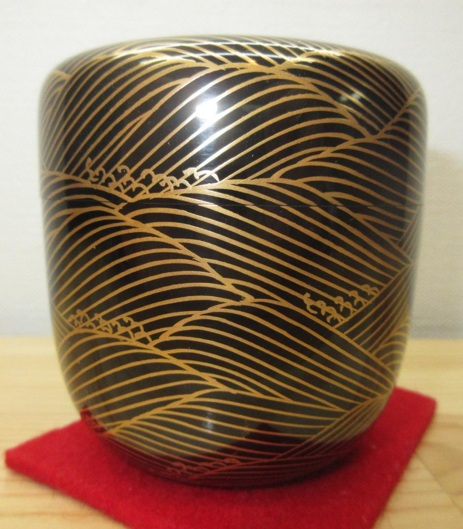 送料込【逢絢亭・新品】茶道具 大棗 山中塗 波蒔絵 真塗 木製 塚本規義 共箱