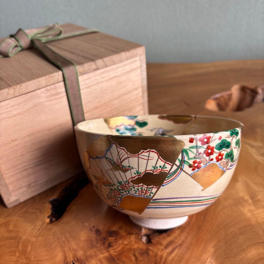 清栄寺窯 京焼 鶴 松梅 抹茶碗 茶道具 桐箱