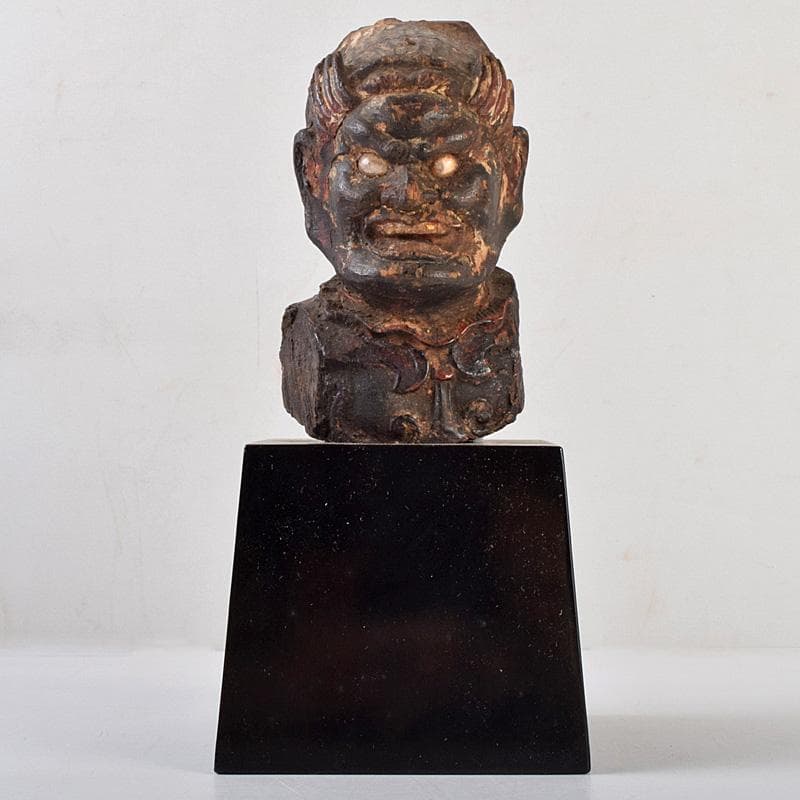 仏教美術　彩色木彫　玉眼入　十二神将像　仏像　木製台・時代箱付　G　R9231