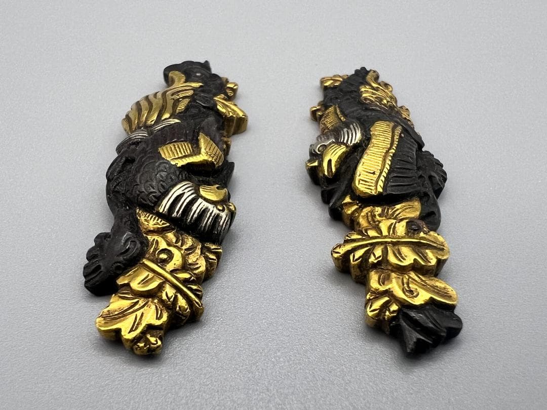 【海】江戸明治金工　鳳凰山水図　金目　手彫　目貫　４点　金銀象嵌　骨董品　元箱付