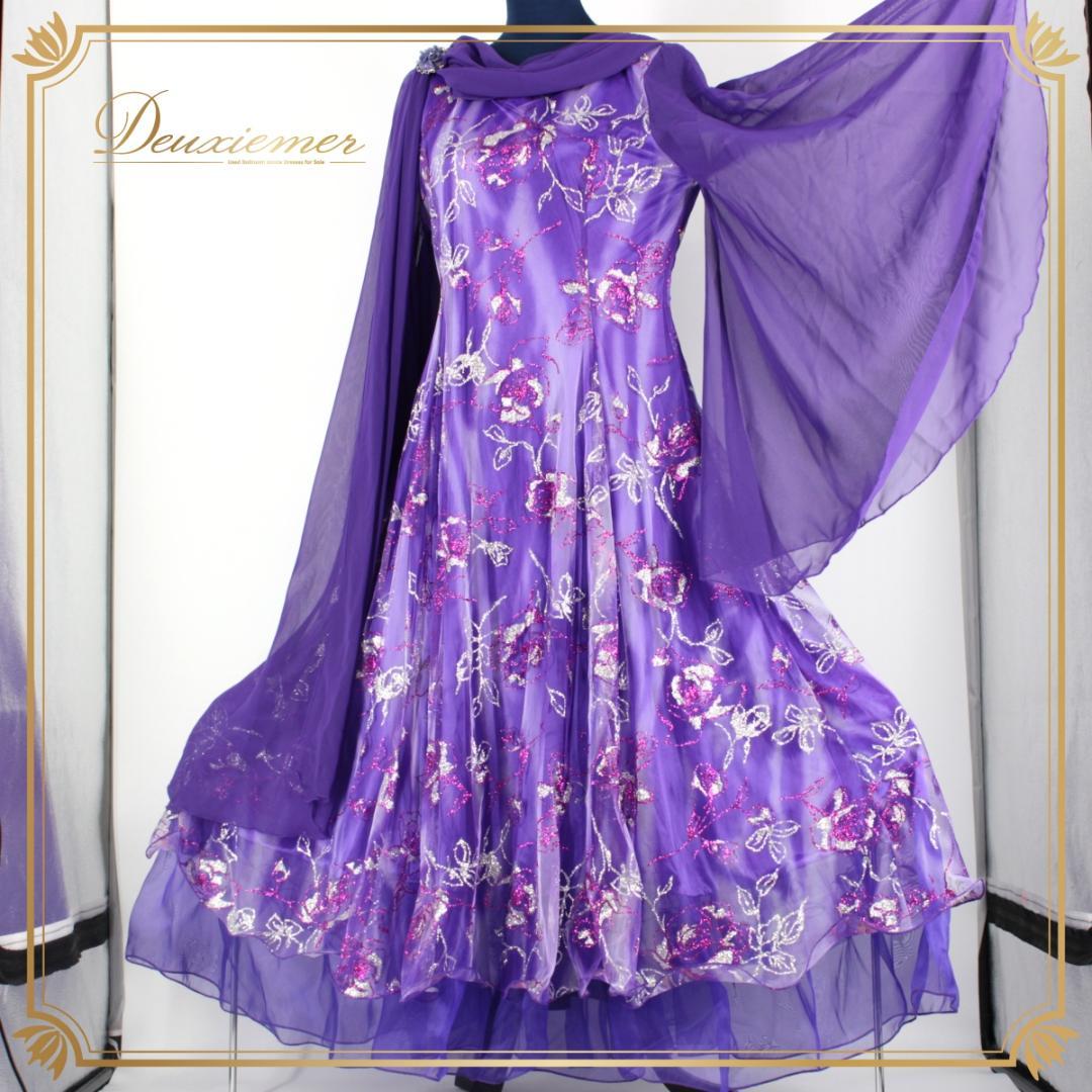 【美品 社交ダンス衣装】ワンピース ドレス un×Ⅱ 紫 パープル 派手 ラメ