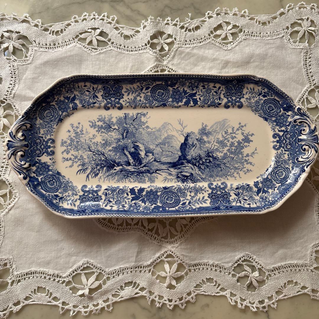 ドイツ　アンティーク　ヴィンテージ　ビレロイ&ボッホ　ケーキプレート　ブルー