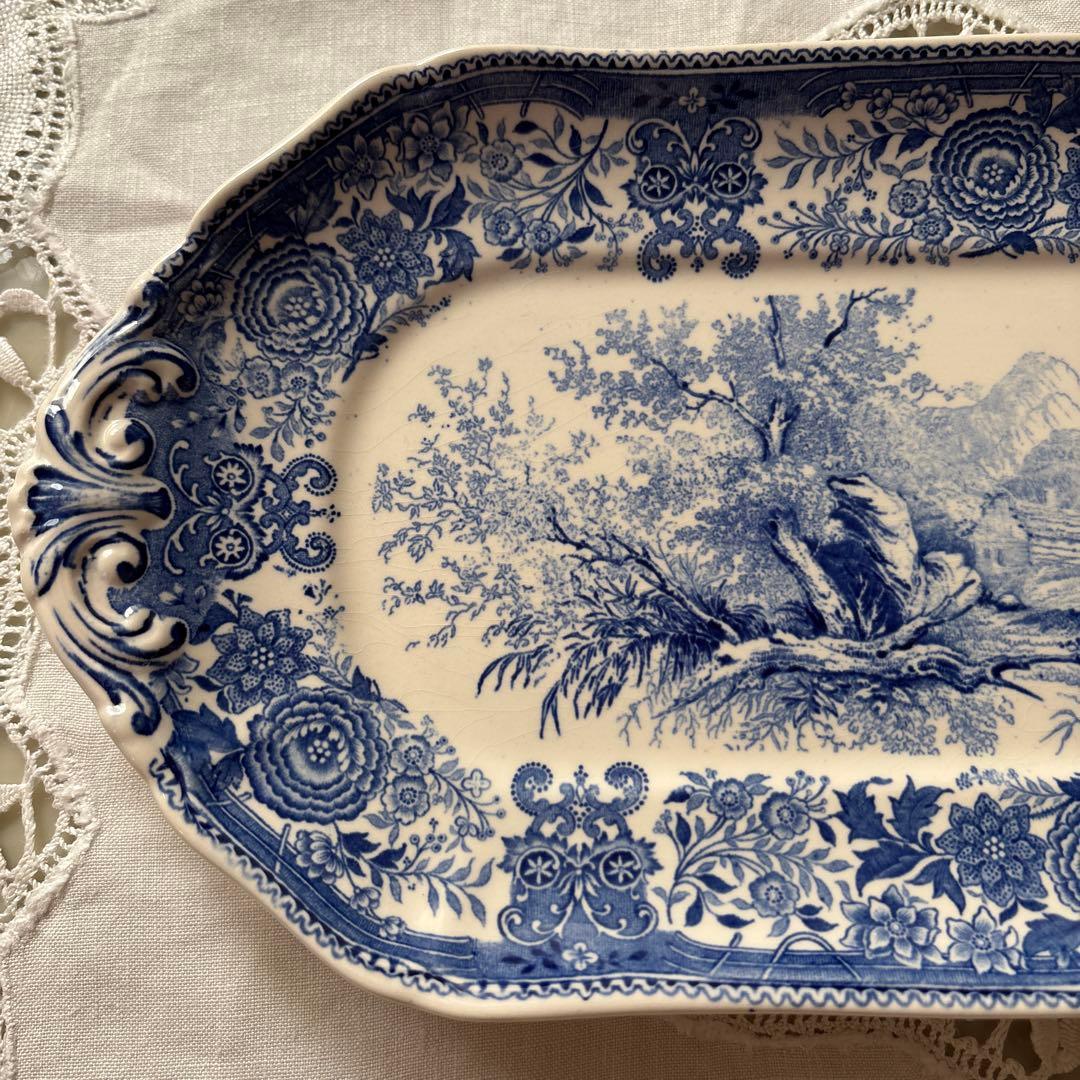 ドイツ　アンティーク　ヴィンテージ　ビレロイ&ボッホ　ケーキプレート　ブルー